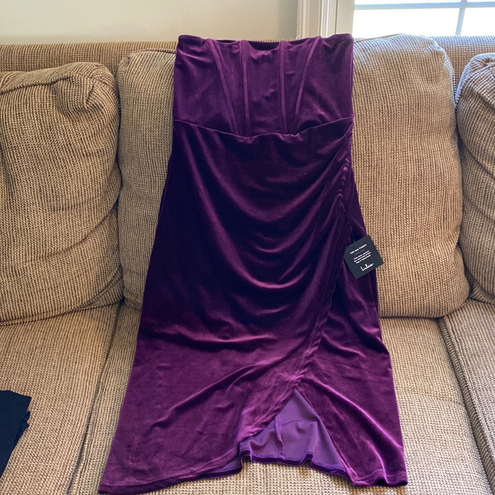 Glamorous Celebrations Dark Purple Velvet Strapless Tulip Dress
